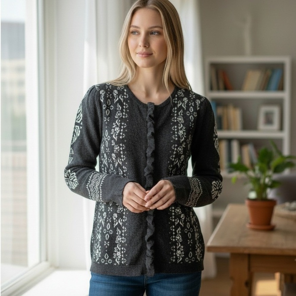 Sundance Gray Wool Blend Ruffle Trim Floral Fair Isle Cardigan Sweater Sz Medium